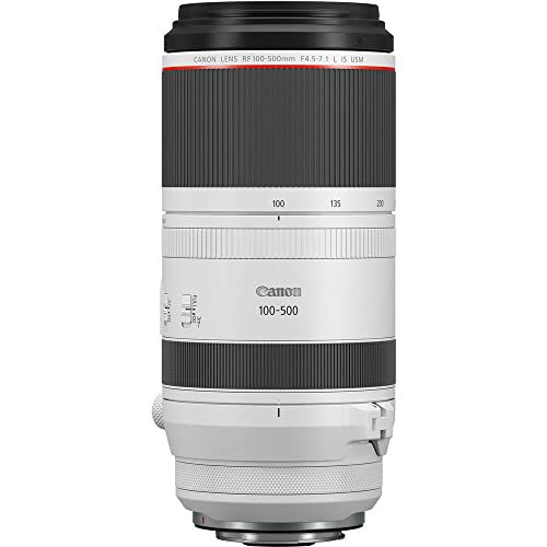 Side profile of white Canon RF 100-500mm telephoto lens