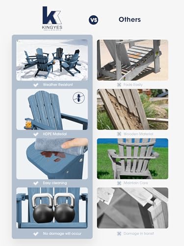 Two navy Adirondack chairs on a patio