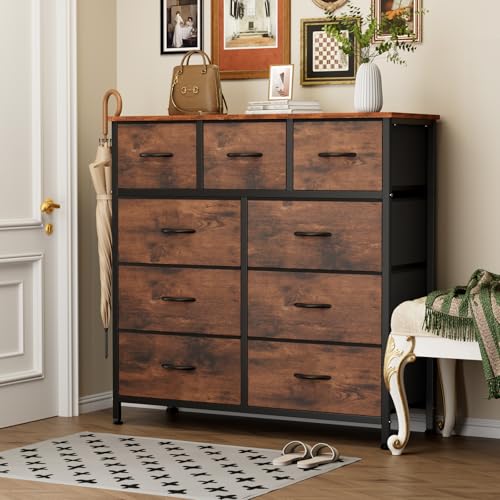 Brown fabric dresser with wooden top