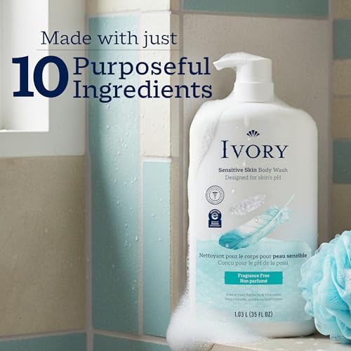 Side profile of Ivory Sensitive white body wash bottle