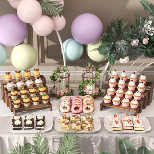 Dark brown wooden risers stacked for cupcake display