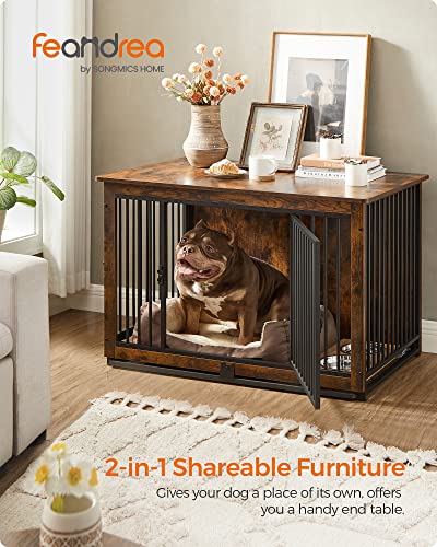 Rustic brown dog kennel side table setup