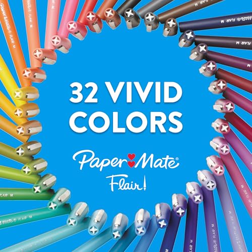 Assorted color Paper Mate Flair pens in a row