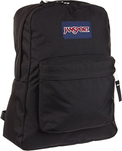 JanSport logo patch on front of black backpack