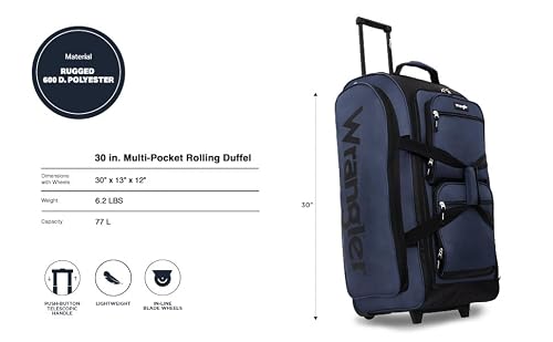 Navy blue Wrangler rolling duffel side profile