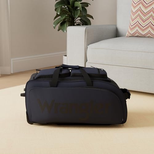 Close up of Wrangler branding on luggage