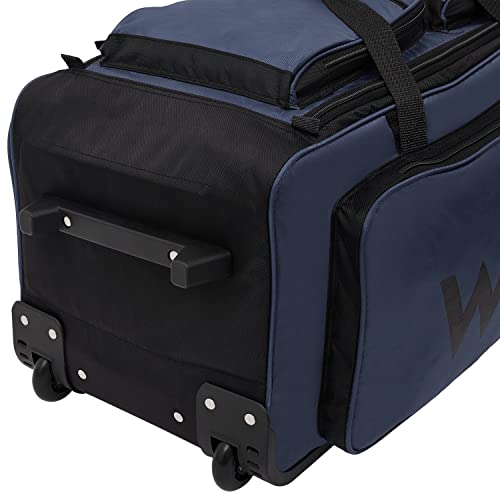 Top handle and grab strap on navy duffel