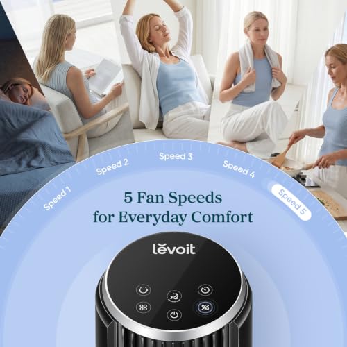 Slim Levoit tower fan in a room