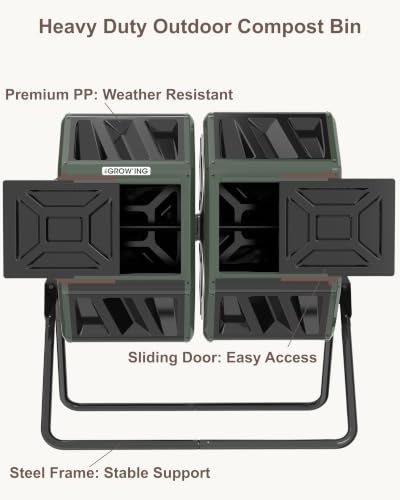 THE GROW'ING 53 Gallon Large Outdoor Compost Bin Tumbler Barrel frame and base