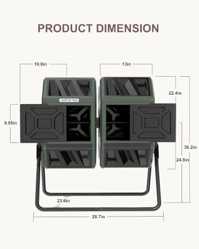 THE GROW'ING 53 Gallon Large Outdoor Compost Bin Tumbler Barrel ventilation slots