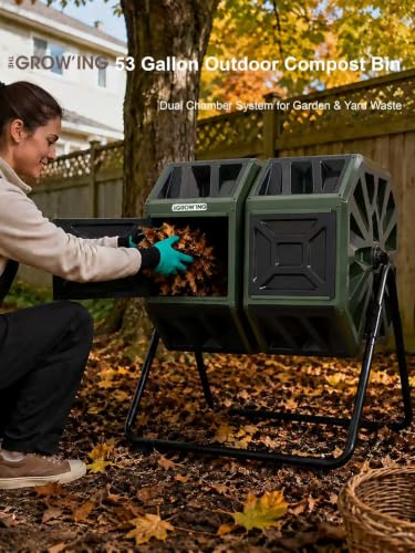 THE GROW'ING 53 Gallon Large Outdoor Compost Bin Tumbler Barrel in patio setting