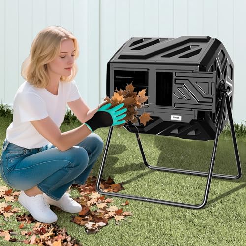 Black rotating composting bin with dual chambers