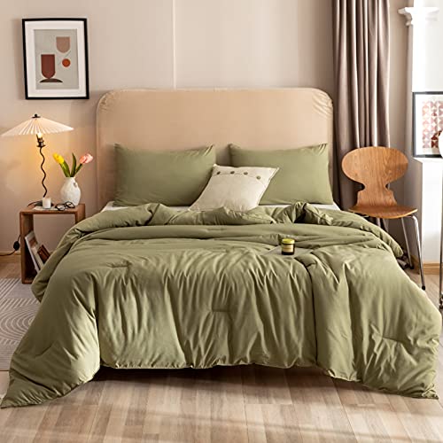 Boho olive green comforter on bed