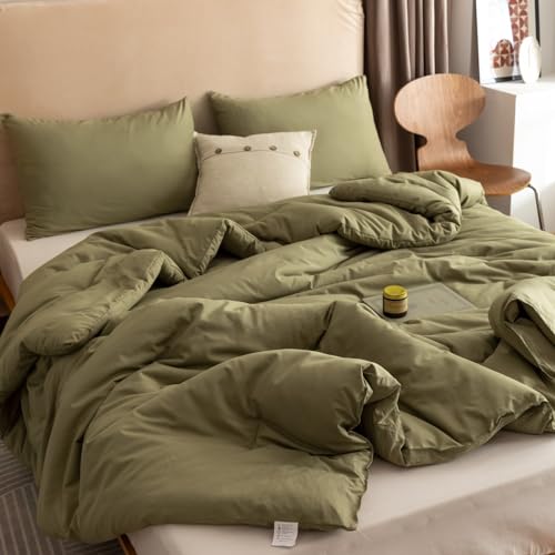 Close up of olive green bedding fabric texture