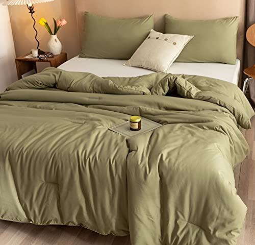 Three piece olive green queen bedding set