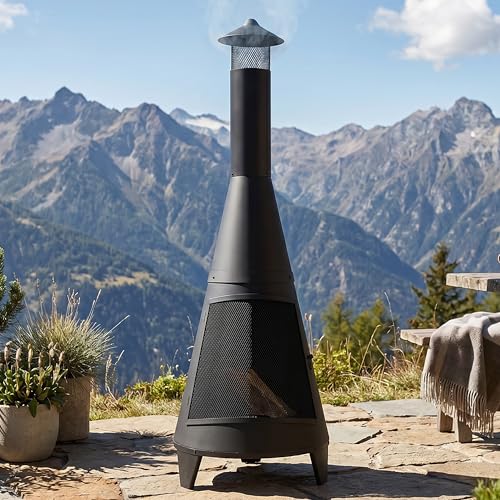 Angled shot of the black steel chiminea structure