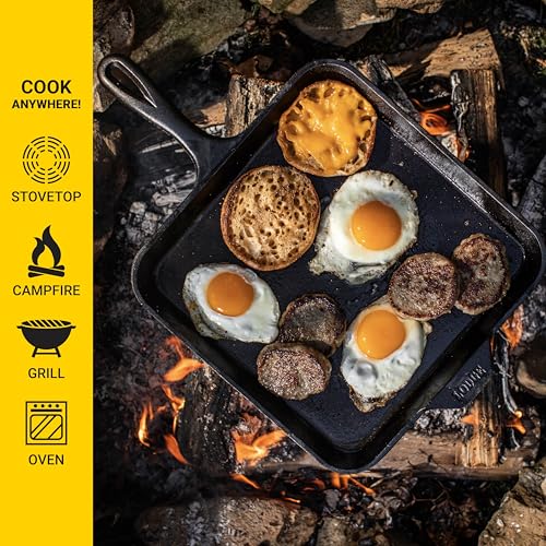 Lodge griddle cooking pancakes on a stovetop