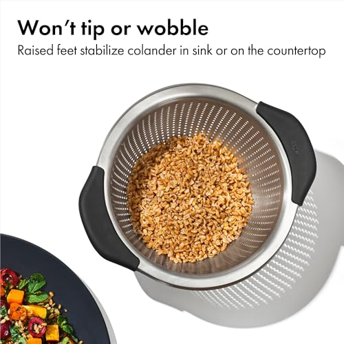 OXO stainless steel colander showing the three raised feet