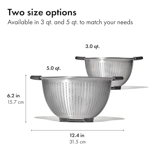 OXO strainer nested inside a mixing bowl for storage