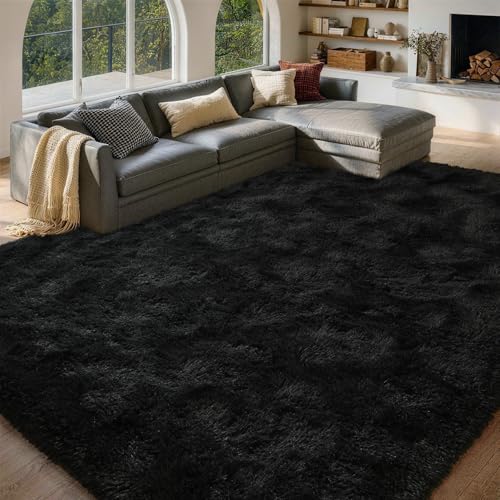 FinRèc Home 8x10 Fluffy Area Rug black top view