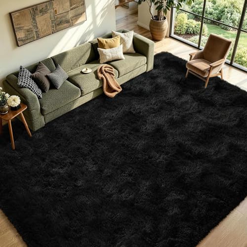 Black fluffy rug in a modern living room