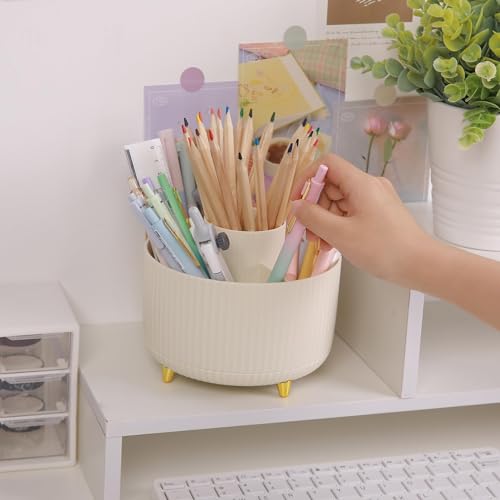 Beige plastic desk organizer with pens