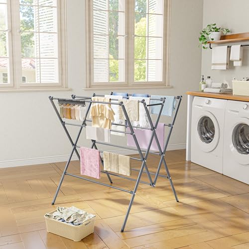 Silver clothes drying rack with 12 poles extended