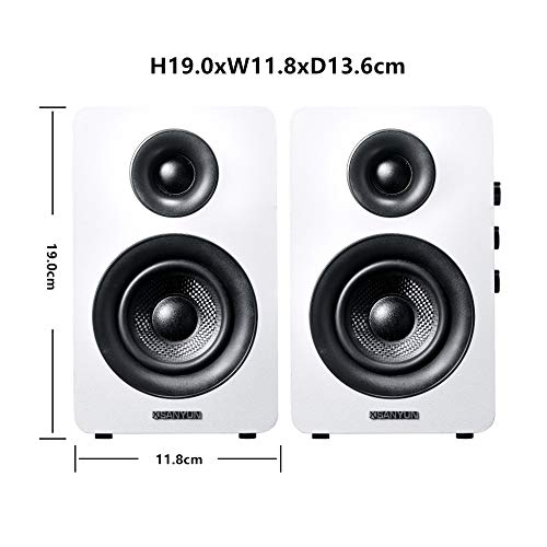 Side profile of Sanyun SW208 white bookshelf speakers with control knobs