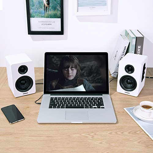 Sanyun SW208 bookshelf speakers white finish perspective