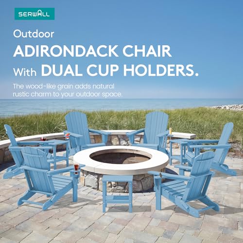 Two light blue Adirondack chairs arranged for garden seating