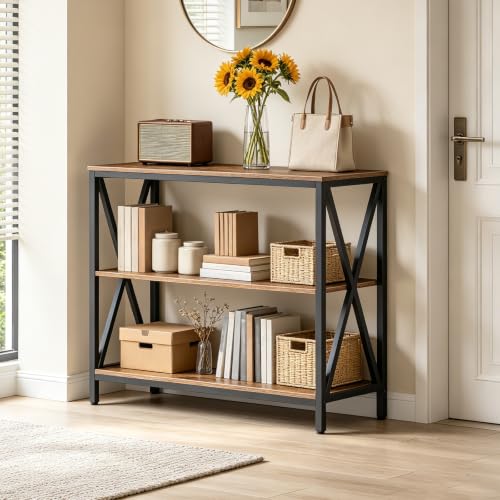 Three-tier industrial storage shelves detail