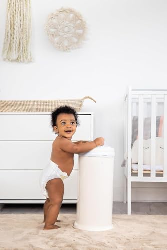 Ubbi diaper pail showing the sliding lid mechanism