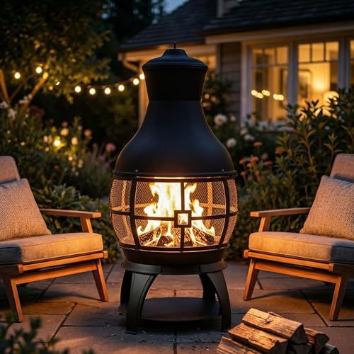 Cast iron chiminea with mesh screen door