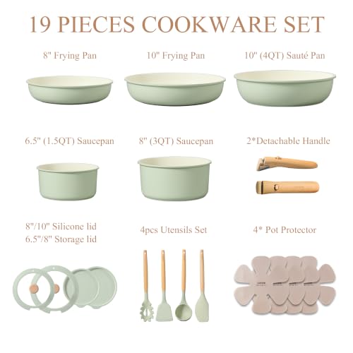CAROTE 19pcs Pots and Pans Set Non Stick, Detachable Handle Cookware, Green stacked in storage