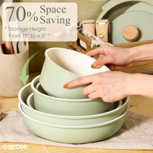 CAROTE 19pcs Pots and Pans Set Non Stick, Detachable Handle Cookware, Green detachable handle view