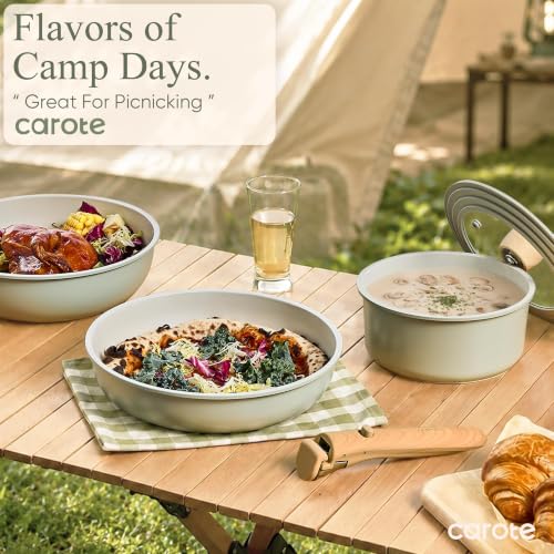 CAROTE 19pcs Pots and Pans Set Non Stick, Detachable Handle Cookware, Green in oven