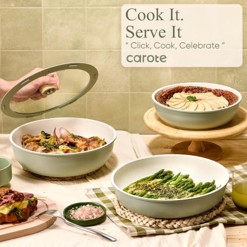 CAROTE 19pcs Pots and Pans Set Non Stick, Detachable Handle Cookware, Green accessories and lids