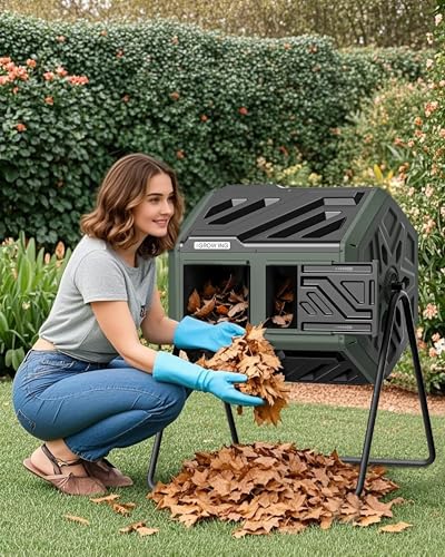 Backyard setup with green compost tumbler
