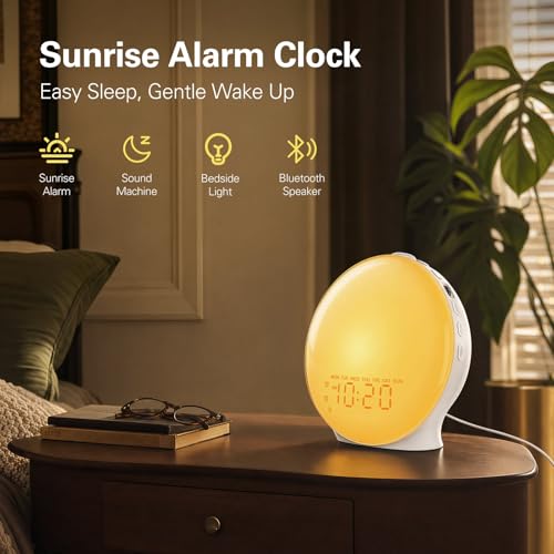 Alarm clock set on a nightstand with room decor