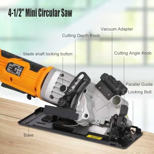 Close up of saw blade and bevel adjustment knob
