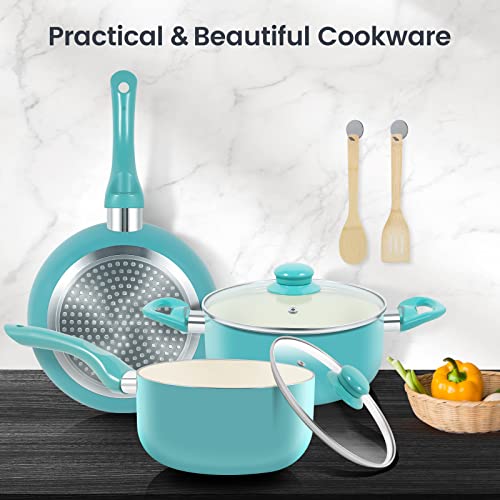 Full M MELENTA cookware set in vibrant turquoise color