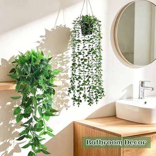 Boho style indoor decor with hanging greenery
