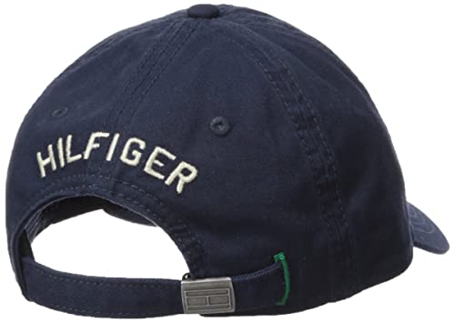 Close up of Tommy Hilfiger embroidery on navy cap