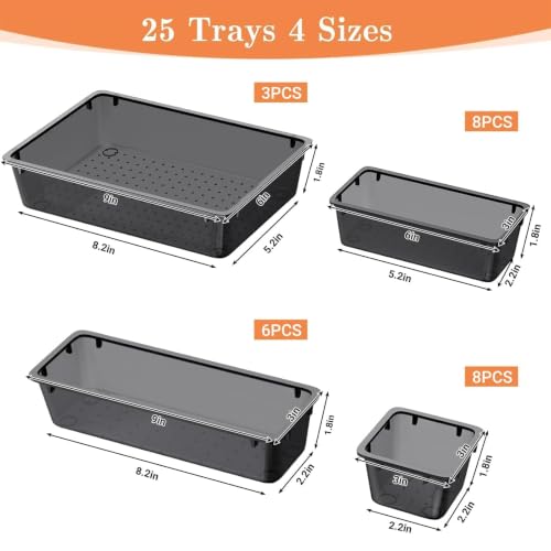 Clear black storage bin assortment for drawers
