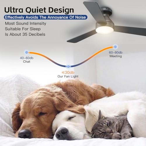 Side view of the low profile black ceiling fan