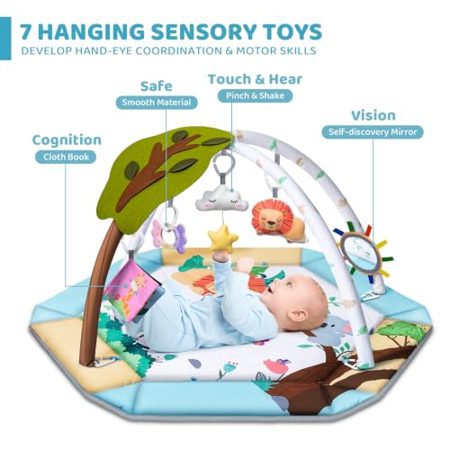 Forest-themed activity mat with hanging toys