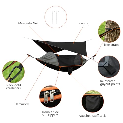 Black nylon camping hammock side view