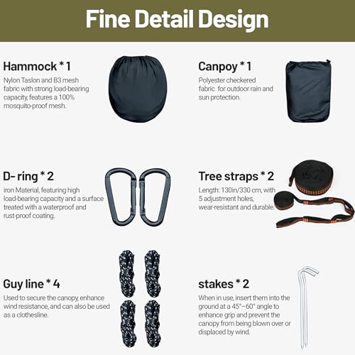 Camping hammock assembled for outdoor use