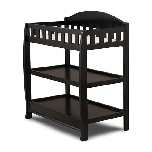 Angled view of the storage shelving on the changing table