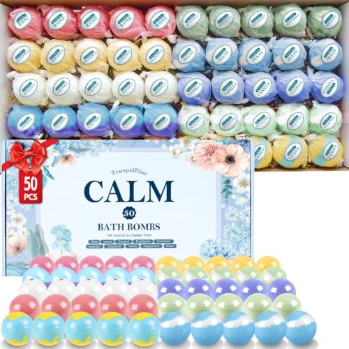 TranquilBliss 50-piece bath bomb set in blue packaging